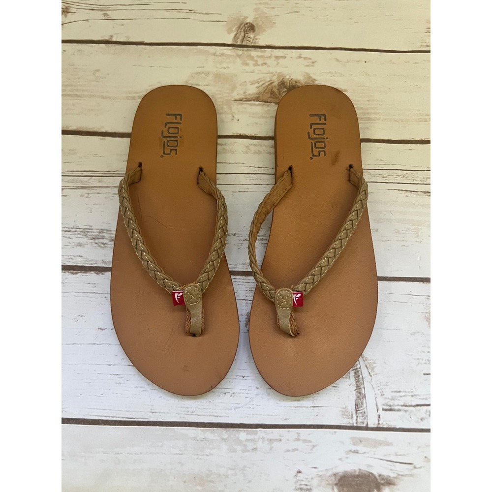Flojos Flip Flops Tan Braided Faux Leather Thong Sandals Size 7